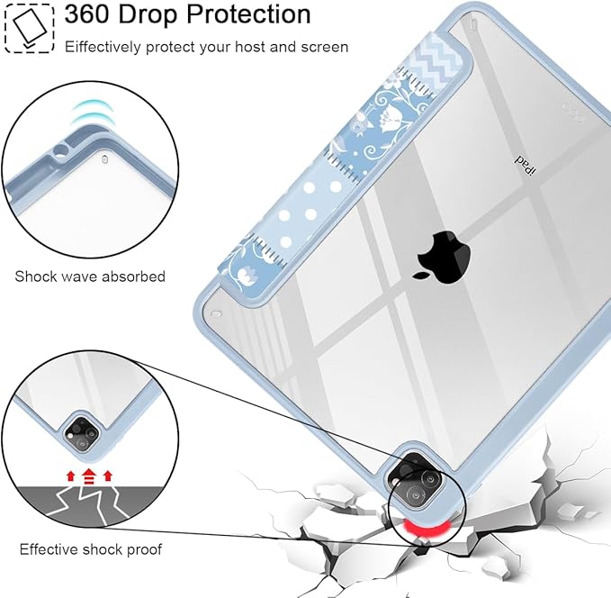 Tuiklol for iPad Pro 11 Inch 4th / 3rd / 2nd / 1st Gen (2022 2021 2020 2018) Case -Built-in Pencil Holder Shockproof Cover Clear Transparent Back Shell with Auto Wake/Sleep, Patchwork Floral