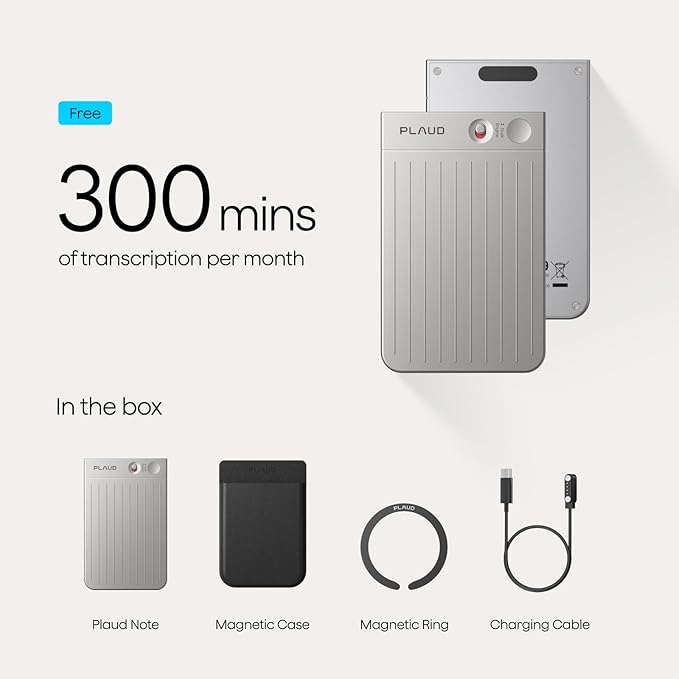 Plaud Note AI Voice Recorder, Note Taker w/Case, App Control, Transcribe & Summarize with AI, Support 112 Languages, for Meetings, Calls, Lectures, Professionals, Teams, Silver, Non-Pro Version