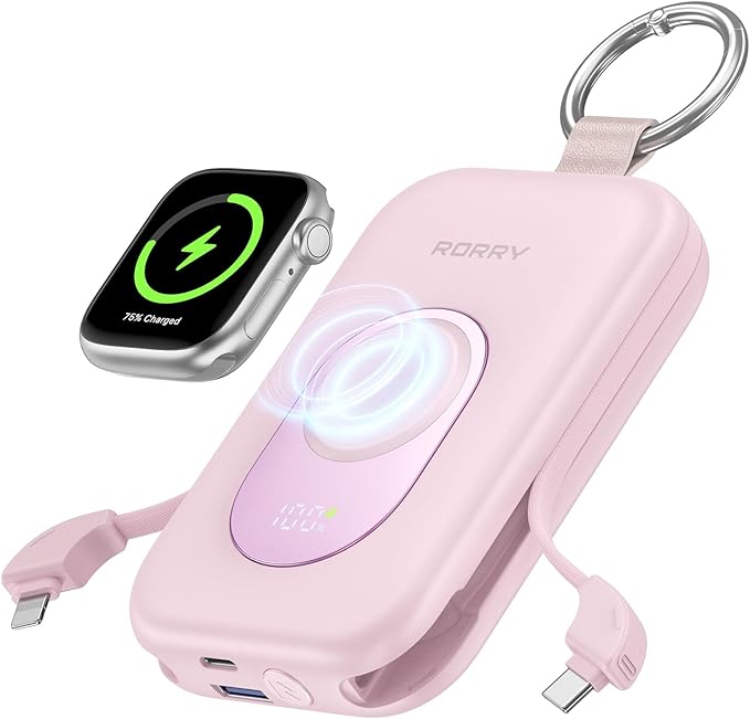 RORRY CharmGo Portable Charger, 20000mAh PD 30W Portable Charger Power Bank with 2 Built-in Cables, Fast Charging Battery Pack with Keychain, Travel Essentials for iPhone, Apple Watch, iPad, Coral