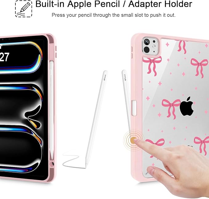 May Chen Case for iPad Pro 11-Inch M5/M4 2025/2024 (6th/5th Generation), [Penceil Holder] Trifold Stand Auto Wake/Sleep Clear TPU Protection Back Cover, Pink Boots Bows
