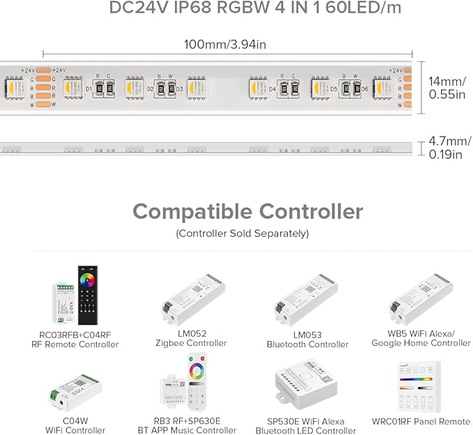 BTF-LIGHTING IP68 Waterproof Outdoor RGBW LED Strip 5050SMD RGB+Warm White(3000K-3500K) 4 Color in 1 DC24V 16.4ft 5m 60LED/m Multi-Colored Light White PCB Can Work Outdoor(No Adapter or Controller)