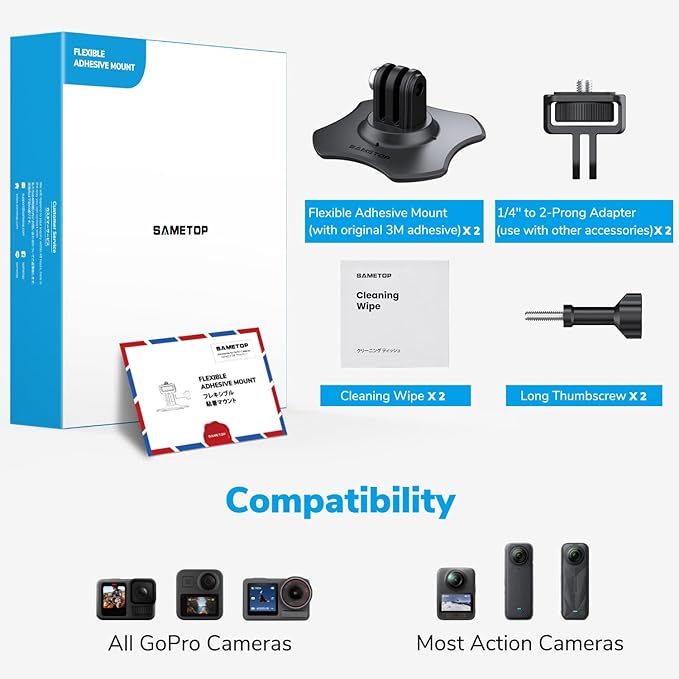 Flexible Adhesive Mount 3M Sticky Helmet Attachment Compatible with GoPro Hero 13 12 11 10 Max 9 8 7 6 Session Insta360 X5 X4 X3 X2 ONE DJI Osmo AKASO Action Cameras (2 Packs)