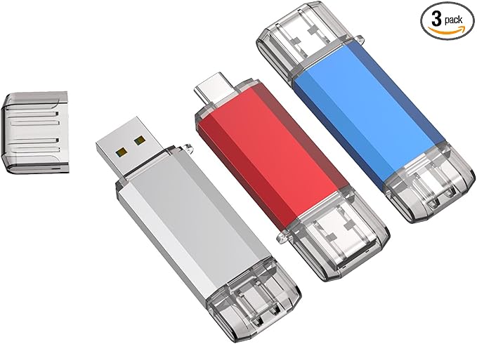 RAOYI 3 Pack 64GB USB C Flash Drive, 2 in 1 USB 3.0 Type C Dual OTG Metal Thumb Drive Jump Drive Memory Stick with Keychain Suitable for USB-C Smartphones, Computers and Tablets (Red,Silver,Blue)