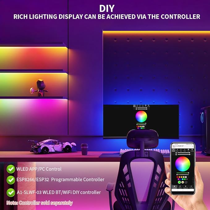 WS2812B IC RGB 5050SMD ECO Individual Addressable LED Strip Light, 16.4FT 300LED 60LED/m Flexible Full Color IP65 Waterproof DC5V Black PCB for DIY Project (No Power Adapter or Controller)