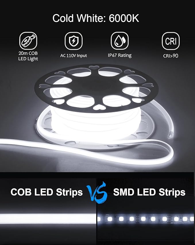 ALITOVE 65.6ft Outdoor COB LED Strip Lights Waterproof IP67 AC 110V 120V Dimmable LED Light Strip Daylight White 6000K 5760LEDs Uniform Glow Neon Light Strip with Remote for Patio Garden Pool Decor