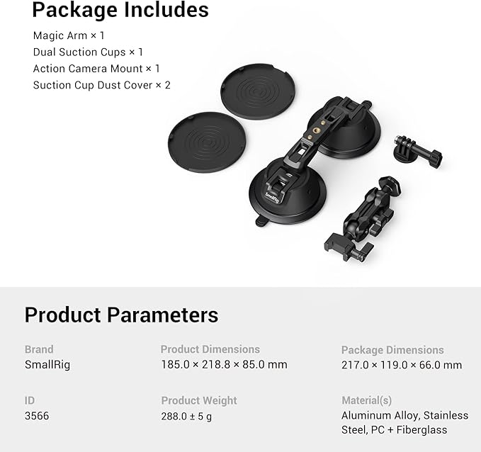 SmallRig Camera Suction Cup Mount, Mount for GoPro 13/12, for DJI Action 6/5, on Car Window, Windshield, for Sony DSLR, Lightweight Camera, Vehicle Shooting,Vlogging, with Action Camera Mount-3566