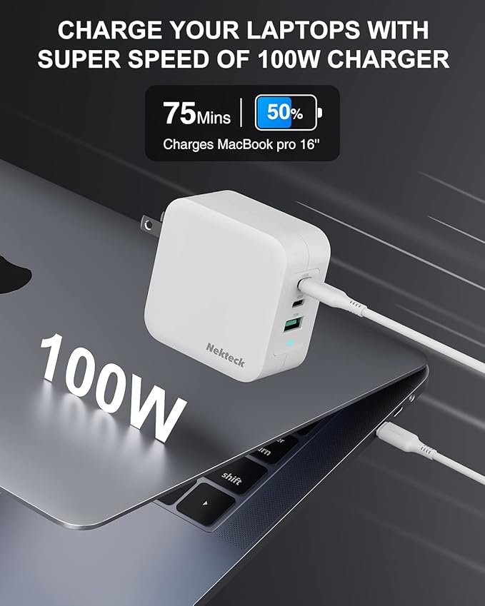 Nekteck 100W GaN USB C Fast Charger (3-Port) - PD 3.0 & QC 3.0 Compact Wall Charger for MacBook Pro/Air, iPhone 17/16/15, iPad, Galaxy S25/S24, PixelBook, Steam Deck, Laptops and More - Foldable