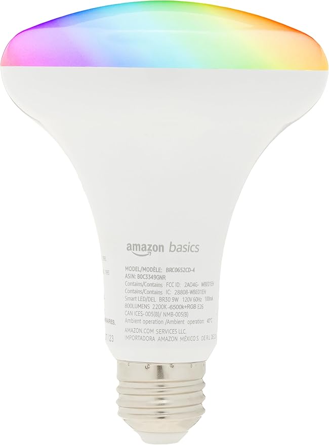 Amazon Basics Smart BR30 LED Light Bulbs, Color Changing, 9W (60W Equivalent), 800LM, Energy Efficient, Voice Control, Works with Alexa Only, 2.4 GHz Wi-Fi, No Hub Required, 4-Pack