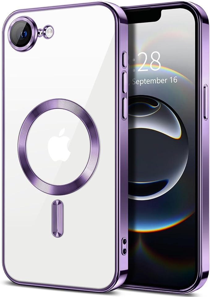 Hython Magnetic Clear for iPhone 16e Case with Camera Lens Protector [Compatible with MagSafe] Luxury Plating Edge Slim Soft TPU Cover Protective Phone Case for iPhone 16e 6.1", Deep Purple