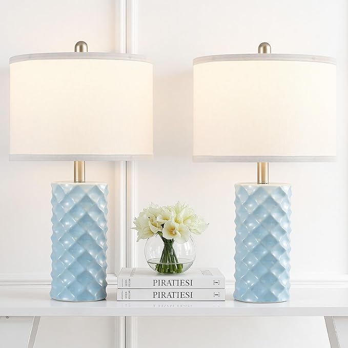 Sky Blue & Star Diamond Ceramic Table Lamps (Set of 2) - 23" Luxe Modern Bedside Lamps for Nightstand,bedrooms, Living Rooms, or entryways & Rotary Switch,No Bulbs