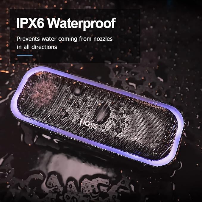 DOSS SoundBox Pro Bluetooth Speaker, 20W Stereo Sound, Active Extra Bass, 20H Playtime, Multi-Colors Lights, TWS Pairing, IPX6 Waterproof for Garden, Hiking, Camping, Outdoor, Party-Black