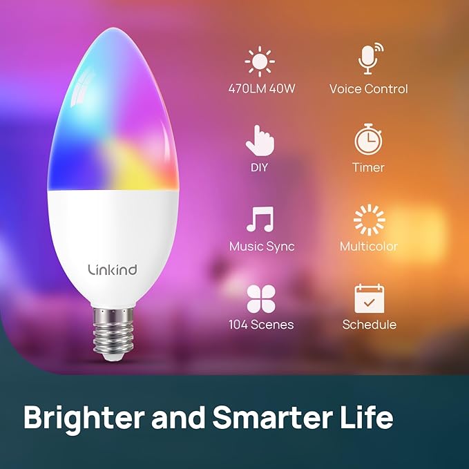Linkind Matter Smart Bulbs, E12 Led Bulb Works with Alexa/Apple Home/Google Home, Smart Light Bulbs, WiFi Candelabra B11 Bulbs, RGBTW Color Changing Light Bulb, 2.4Ghz WiFi Bulb, 470 LM 2 Pack