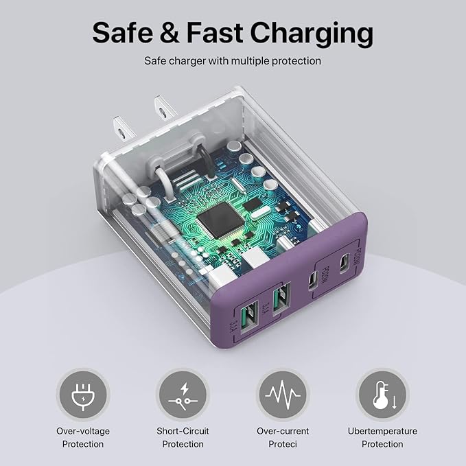 sccvee USB C Wall Charger, 40W 4-Port USB C Charger Block, Fast Charging Block Dual Port PD+QC Wall Plug Multiport Type C Compatible with iPhone 14/13/12/11/Pro Max/XS/XR/8/7, Tablet(Purple)