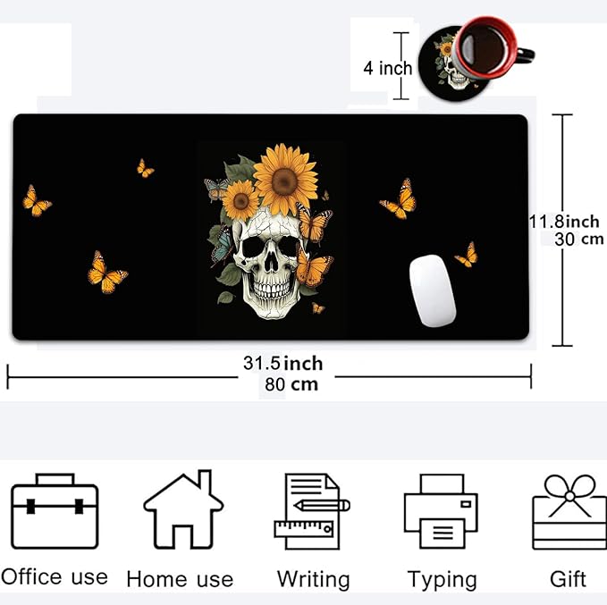 Large Mouse Pad, 31.5 x 11.8in Extended Gaming Mouse Pad with Stitched Edges, XXL Mousepad Protector Non Slip Rubber Base for Office and Home Writing Mat, Skulls and Sunflowers Pattern Black Desk Mat