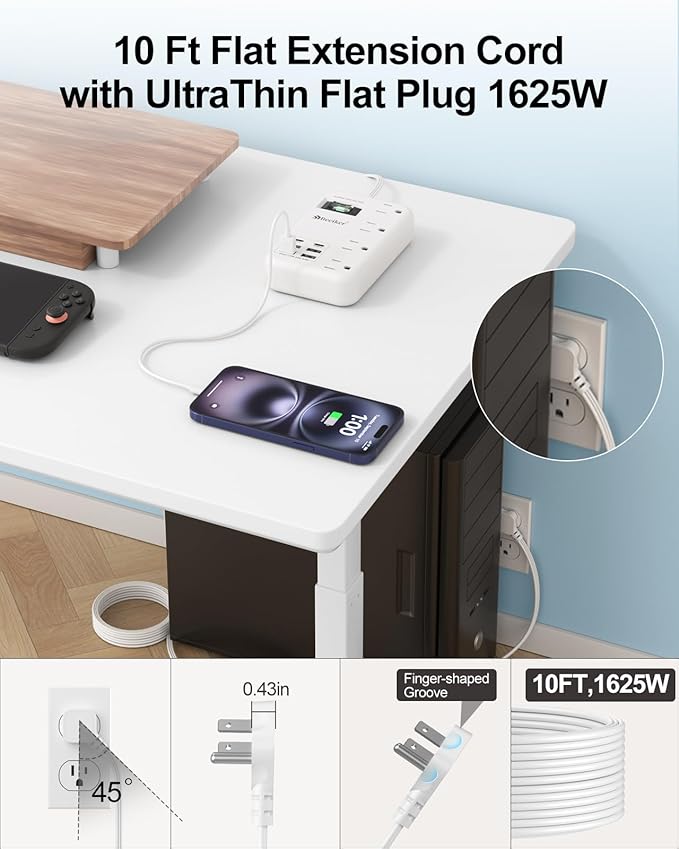 Beeiker 6 USB(2 USB C) Surge Protector Power Strip- 10 Ft Extension Cord with 24W USB Charging Station and 4 Outlets, Long Flat Extension Cord with Multiple Outlets for Travel Home Office Dorm White