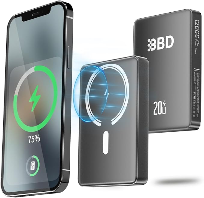BBD Magnetic Portable Charger Power Bank for iPhone,1 Pack 12000mAh 20w Fast Charging Wireless Power Bank with USB C Cable in&Out Put Magsafe Battery Pack for iPhone 17 16 15 14 13 12
