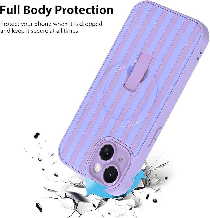 KANGHAR Compatible with iPhone 15 Case, Support for MagSafe, Silicone Stripes Cute Pattern, Wristband Kickstand Camera Protection Soft Slim Cover for Girls Women -Purple