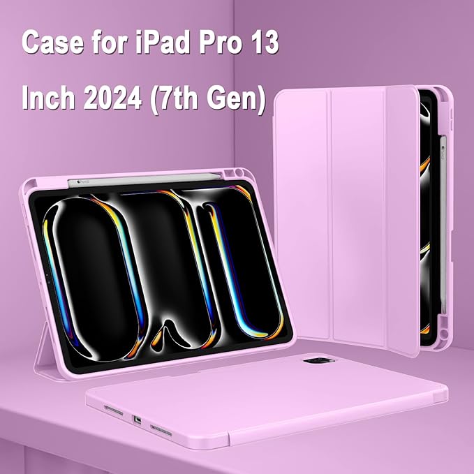 ZryXal New iPad Pro 13 Inch Case (M5) 2025 / (M4) 2024 with Pencil Holder, Smart iPad Case [Support Pencil Pro and Pencil (USB-C)], Support Touch ID and Auto Wake/Sleep (Pastel Violet)