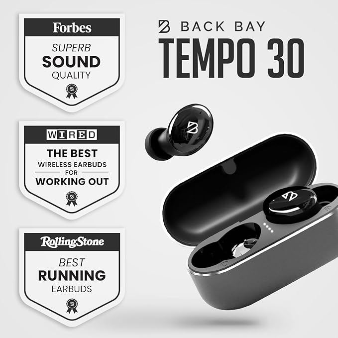 Back Bay Audio Tempo 30 Wireless Earbuds for Small Ears - Award-Winning Sound, Sweatproof Bluetooth Earbuds, Tech Fitness Gifts for Men, Comfortable Bluetooth Ear Buds for Women - Black