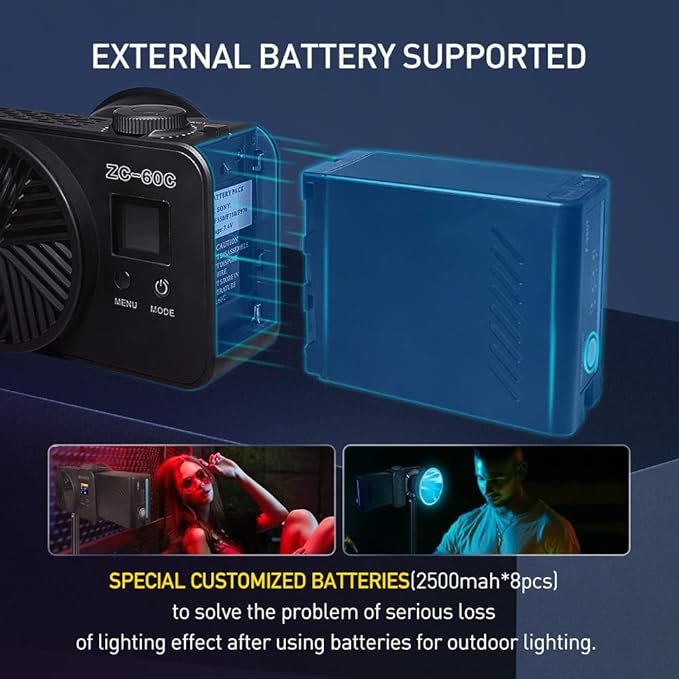 ZC-100BI 100W COB Video Light with Bowens Mount,10000Lux/m 2700K-7500K Bi-Color Camera Light with 10 Scenario Simulations Control Continuous Lighting for Photography (ZC-60C+Battery)