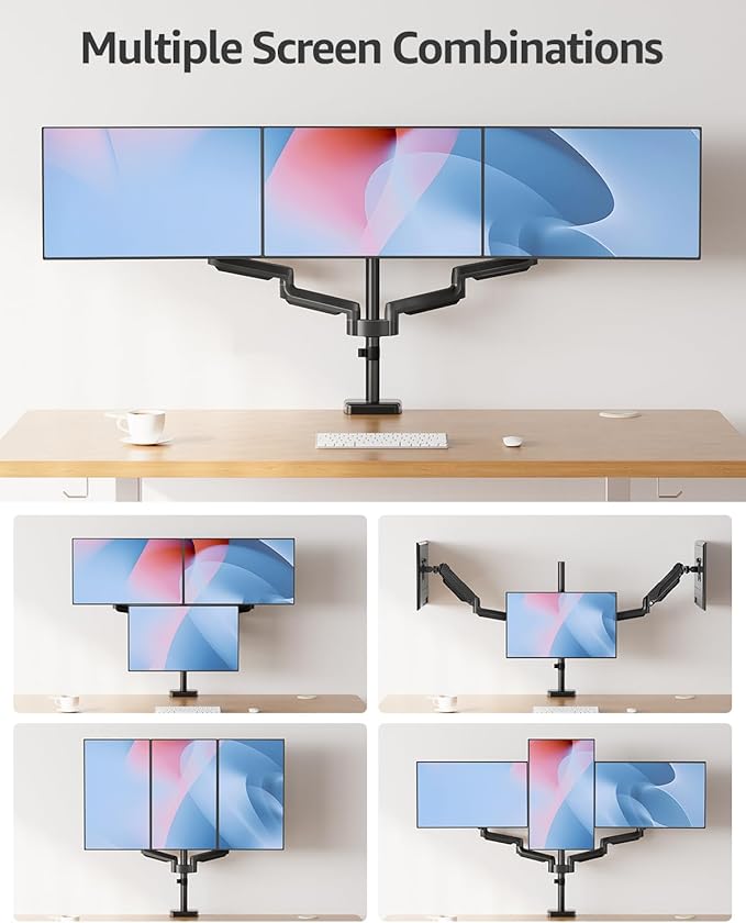MOUNTUP Triple Monitor Stand Mount - 3 Monitors Desk Mount for Computer Screens Up to 27 inch, Triple Monitor Arm, Heavy Duty Monitors Stand, Each Arm Holds 4.4-19.8 lbs, Black