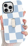 KANGHAR Compatible with iPhone 16 Pro Max Case, Support for MagSafe, Silicone Checkered Cute Pattern, Wristband Kickstand Camera Protection Soft Slim Phone Case for Girls Women -Light Blue