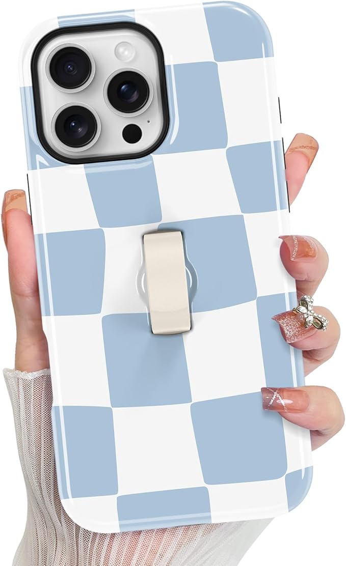 KANGHAR Compatible with iPhone 16 Pro Case, Support for MagSafe, Silicone Checkered Cute Pattern, Finger Hold Wristband Kickstand Camera Protection Soft Slim Phone Case for Girls Women -Light Blue