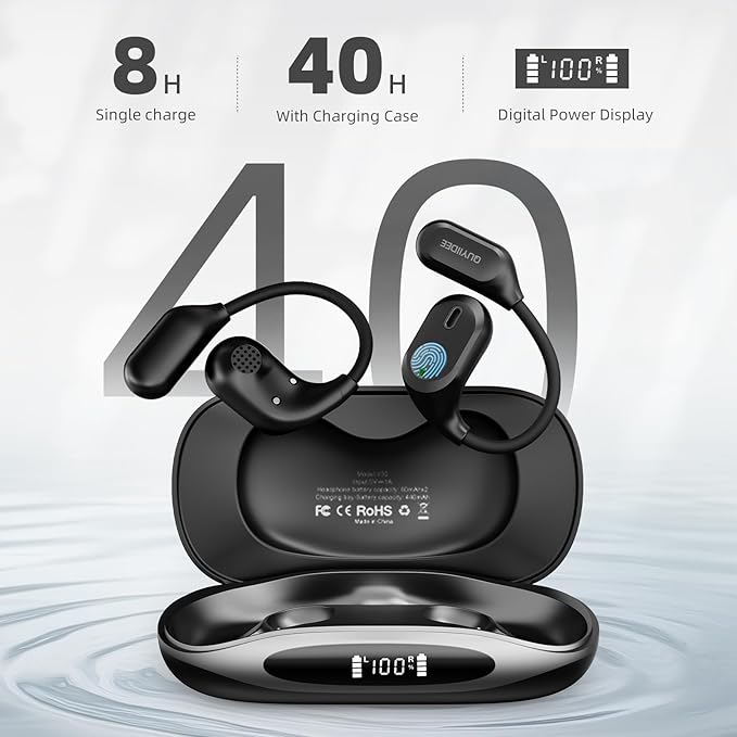 Open Ear Headphones, Bluetooth 5.4 Wireless Earbuds, 40H Playback, with LED Dgital Display, IP54 Waterproof Sports Headphones for Running, Cycling and Gym (Black)