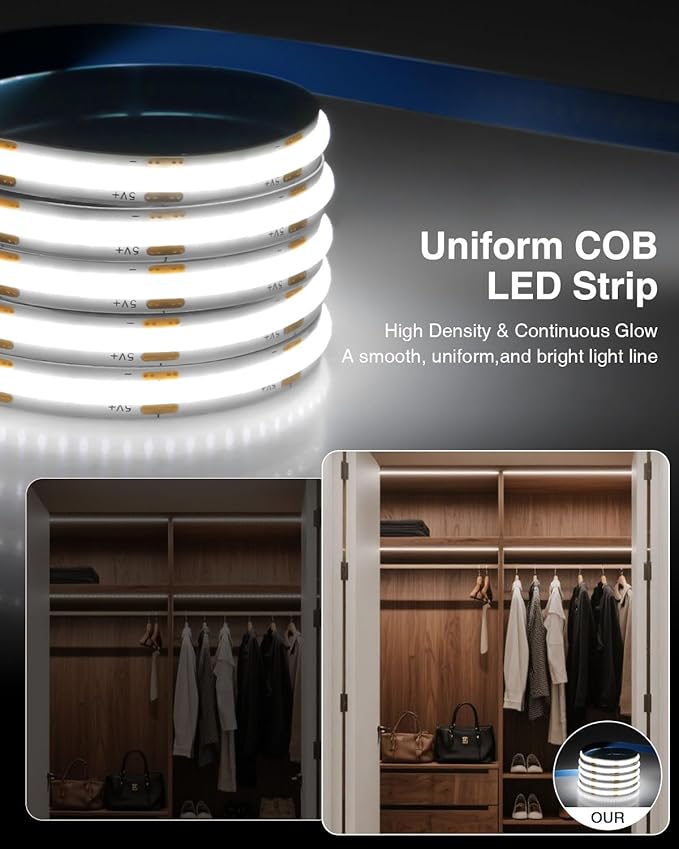 Aclorol 5V USB Powered Dimmable COB LED Strip Light 3.28FT/1M 320LEDs Cold White LED Flexible Tape Lights with 1.5M Cable for Under Cabinet TV Backlight Bedroom Wardrobe Shelves Displays (2 Pack)