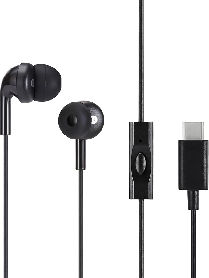 Amazon Basics Wired Earbuds with Microphone, in-Ear Headphones, USB-C, 4.2 ft Cable, S/M/L Ear Tips, Black
