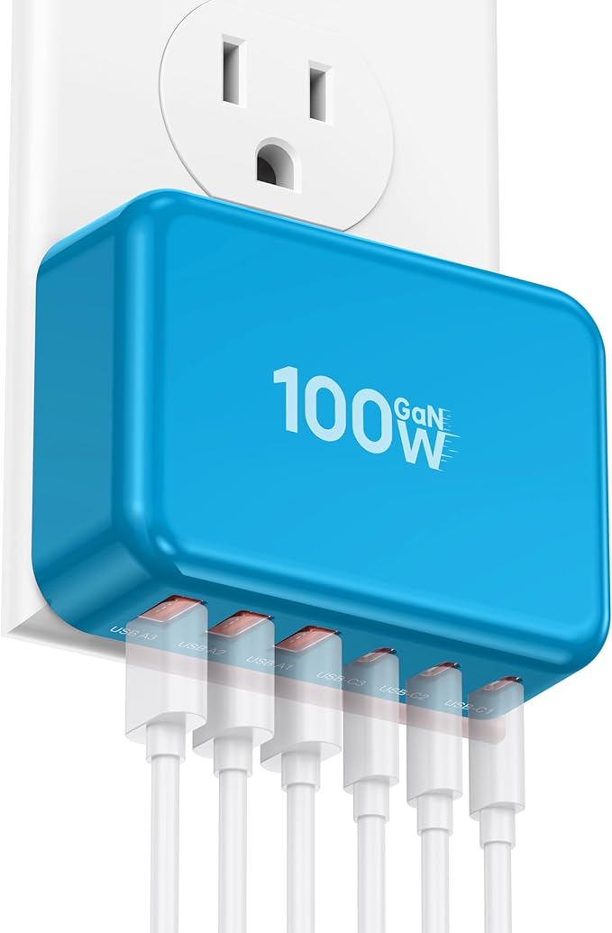Fast Charger Block, GaN 6 Port USB C Charging Station Hub Cube, 100W Multiport Type C Wall Charger Power Strip Plug with PD+QC for iPhone 16 15 14 13 12 1 Pro Max XR XS 8 7, Samsun.g, iPad, Table