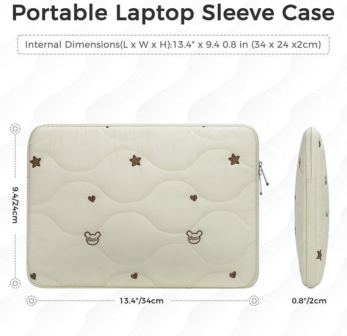 13 14 Inch Laptop Sleeve Case, Water-Repellent Cover with Bear Head Embroidery, Shockproof Padded Bag Compatible with MacBook Air & Pro 13/14 Inch, Beige