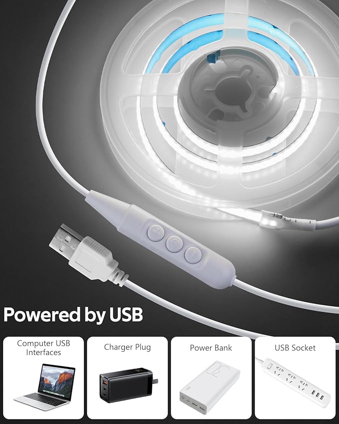 Aclorol USB COB LED Strip 50cm White LED Strip Lights for Bedroom Dimmable Light Strip with Dimmer High Density and Bright for Kitchen Cabinet Display Case Craft Lighting Project 6000K 1.64FT/0.5M