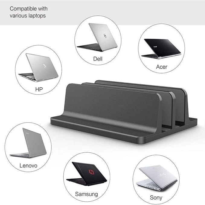 Universal Laptop Vertical Stand, Dual Desktop Adjustable Notebook Stand (up to 17.3 inches) for Samsung/HP/Dell/Chrome Book laptops (Black)