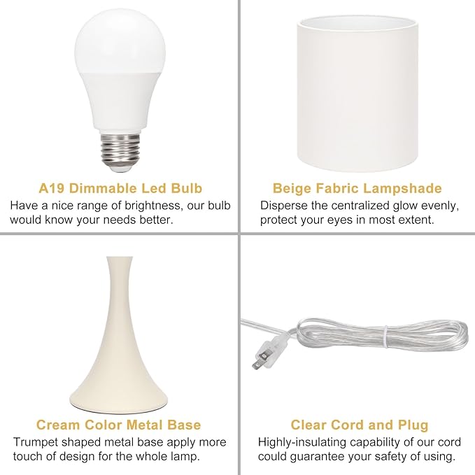 Seaside village Dimmable Bedside Lamp, 3 Way Touch Control Table Lamp, Modern Nightstand Lamp with Beige Shade and Cream Base, Small Desk Lamp for Living Room, Dorm, Home Office, 9W LED Bulb Included