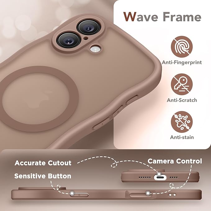 CAPRARO for iPhone 16 Case for Women Girls, Upgraded [Full Camera Protection] [Compatible with MagSafe] Cute Wave Translucent Matte Phone Case for iPhone 16, Brown