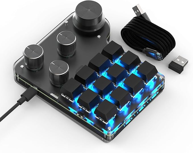 12 Keys Programmable Keyboard with 4-Knobs, One Handed Macro Pad, RGB Backlight Hot-swapping USB Designer Mini Keyboard for Gaming/Office/Work/PS