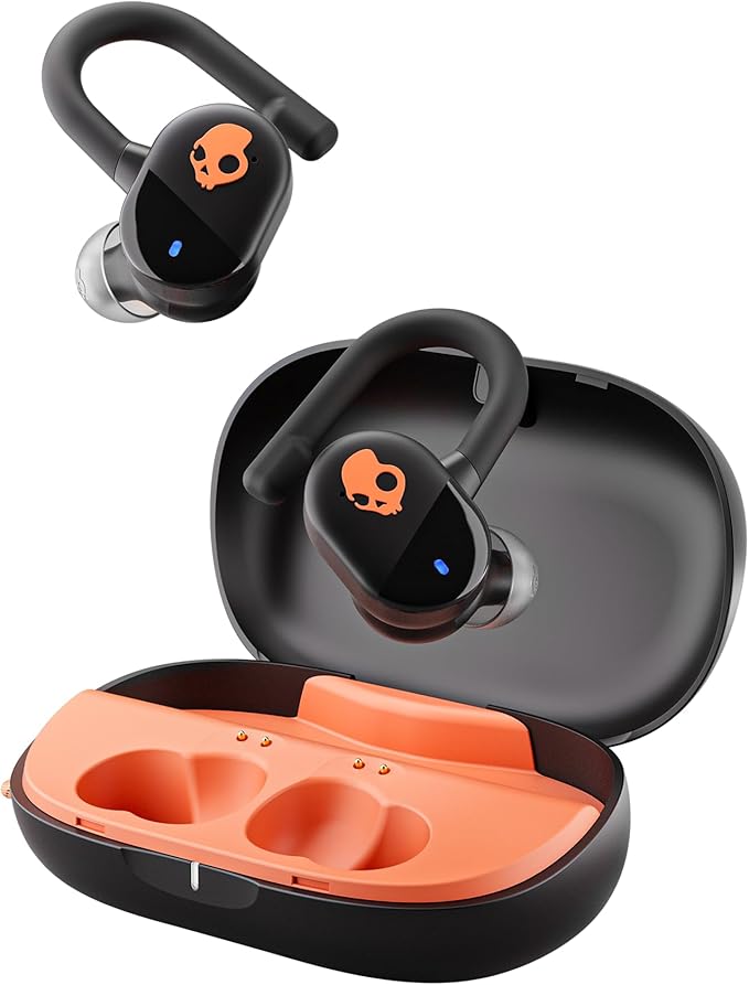 Skullcandy Push Play Active Wireless Earbuds, Bluetooth Headphones, Noise Isolating Fit, 34 Hrs Battery, Secure-Fit Over-Ear Hanger, Sweat Water Resistant, Microphone for iPhone Android - Black/Orange