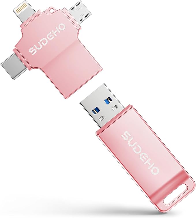 MFi Certified Photo Stick 256GB USB Flash Drive for iPhone, 4 in 1 External Memory Thumb Drive for Picture Video Backup, High Speed Memory Stick Pen Drive for iPhone/iPad/Android/PC (Rose Pink)