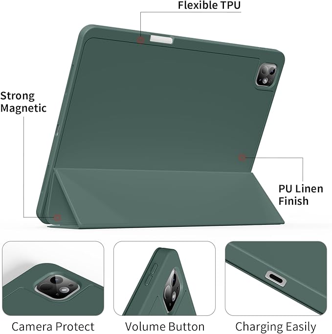 for iPad Pro 13 inch Case (M5/M4) 2025/2024, Slim Protective Cover with Pencil Holder, Soft TPU Back Cover, Trifold Stand, Auto Wake/Sleep, A2925 A2926 A3007 A3362 A3359 (Dark Green)