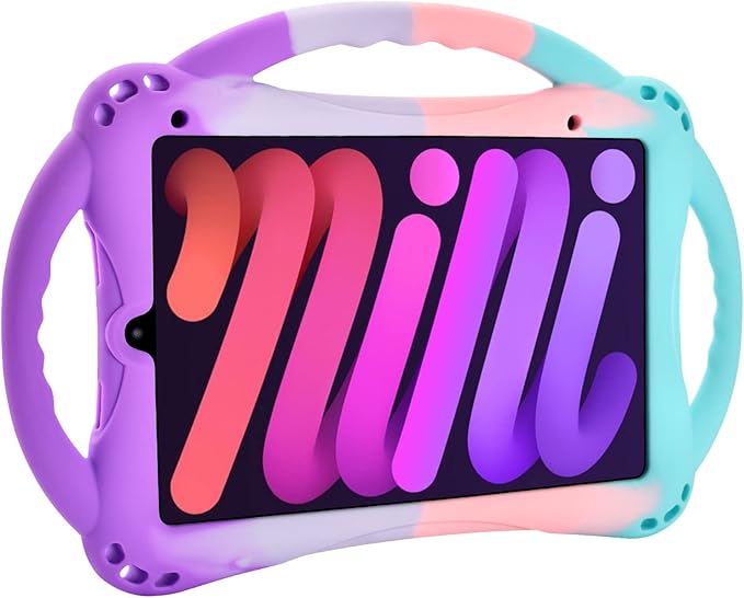 TopEsct Kids Case for iPad mini 7 (A17 Pro) 2024 /iPad Mini6 2021, Shockproof Silicone Cover with Handle Stand for 8.3" iPad mini 6th/7th Gen, Puple and Turquoise