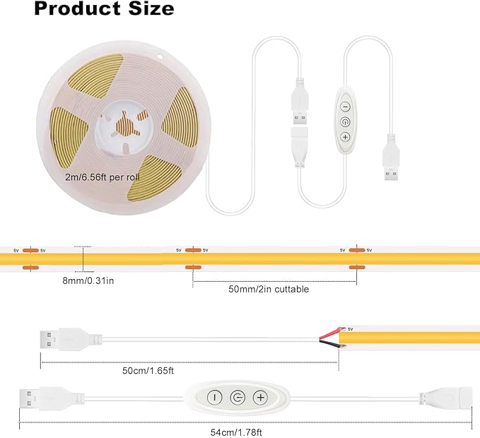 5V COB LED Strip Lights USB Powered Dimmable 6500K White CRI93+ 6 ft Dotless LED Tape Light with Dimmer, Flexible Cuttable COB Strips for Sewing Machine 3D Printer Desk TV DIY Cabinet Lighting