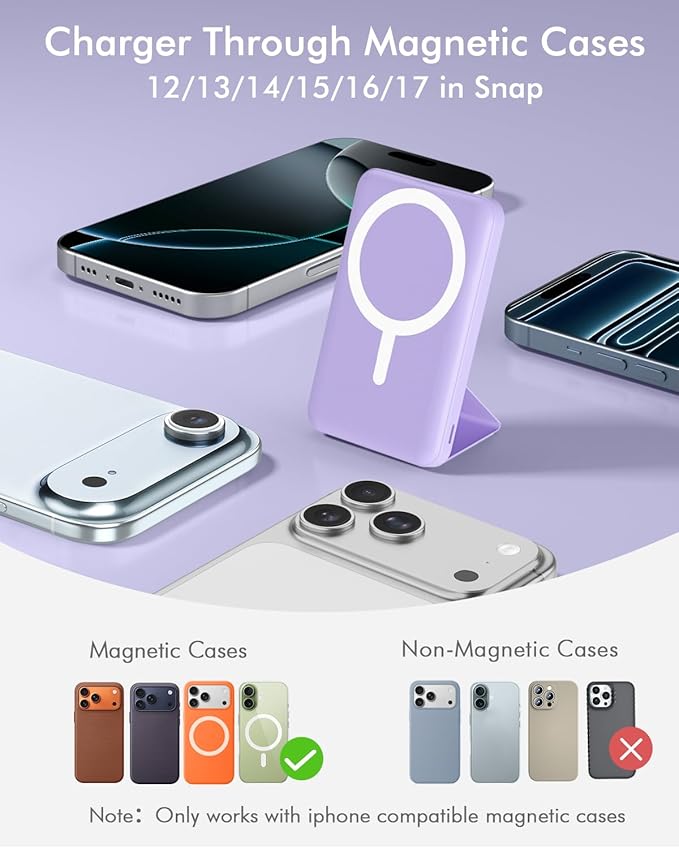 podoru for Magsafe Battery Pack, Foldable 10000mAh Magnetic Power Bank with USB-C Cable LED Display 22.5W PD Fast Charging Wireless Portable Charger for iPhone 17/16/15/14/13/12 Series-Light Purple