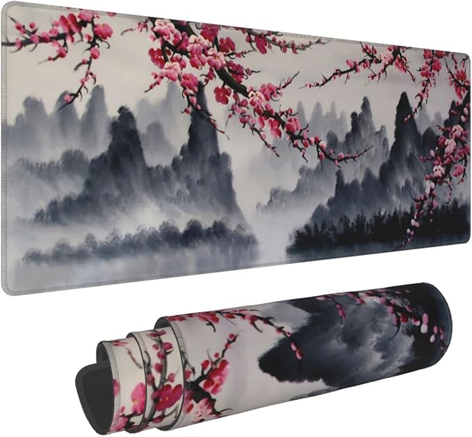 Japanese Sakura Watercolor Painting Extended Mouse Pad 31.5x11.8 Inch Cherry Blossom Flower Non-Slip Rubber Base Mousepad Stitched Edges Keyboard Mouse Mat with Stitched Edges for Gaming and Office