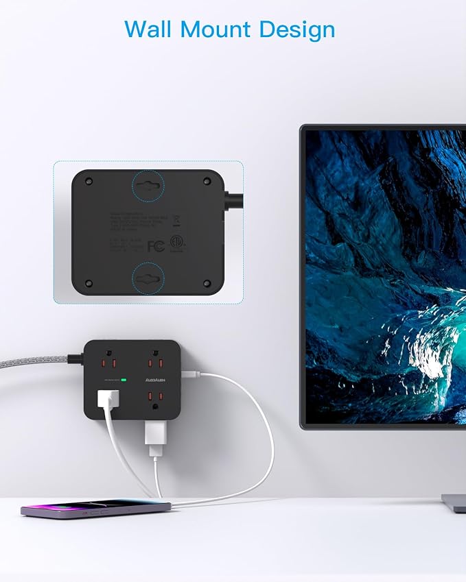 Extension Cord 6 Ft, HANYCONY Surge Protector Power Strip Long Cord 8 Outlets 4 USB Ports(2 USB C), Wall Mount, 1080J Surge Protection, Desk Charging Station for for Home Office Dorm Room Essentials