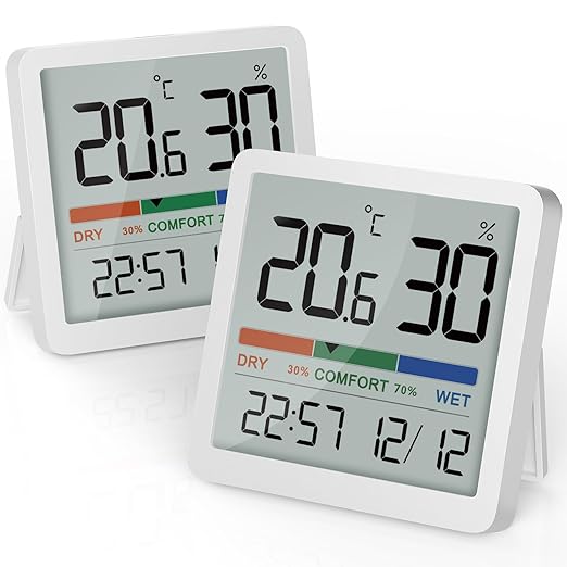 NOKLEAD Indoor Hygrometer Thermometer - Digital Temperature & Humidity Monitor with Calibration, Clear LCD Display & Clock, Accurate Room Gauge for Home, Baby Room, Office (2-Pack)