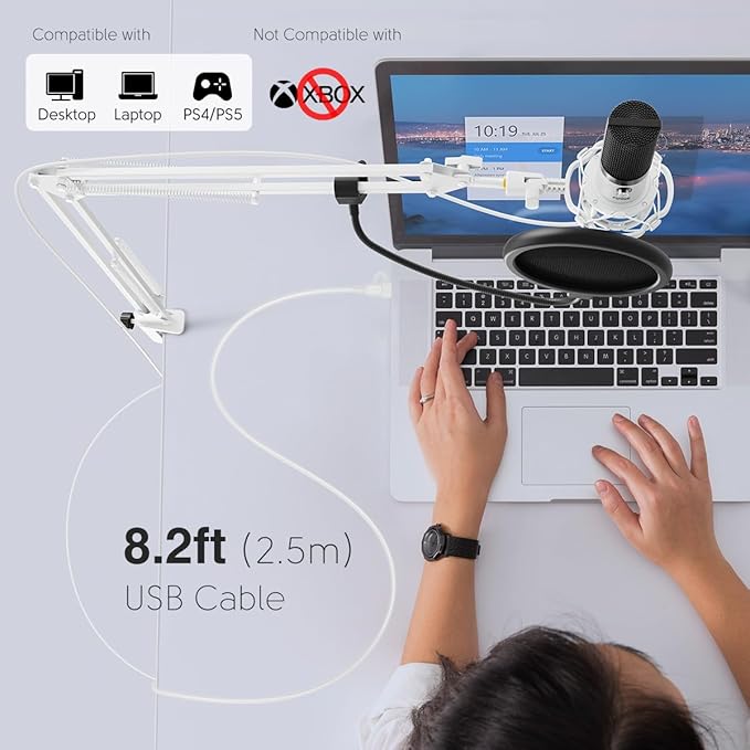 FIFINE USB Recording Microphone Kit, Studio Condenser Microphone for Vocals Music Creation, Voice-Over, Singing with Metal Boom Arm, 16mm Diaphragm, Podcast Mic Set-T669 White