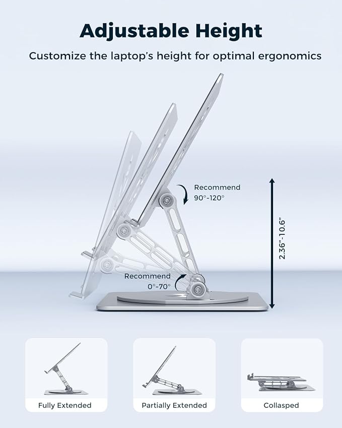 Aoviho 360° Rotating Laptop Stand for Desk | Adjustable, Foldable, Portable Aluminum Ergonomic Riser | Compatible with MacBook, Dell, HP & All Laptops 10-16 inch | Silver