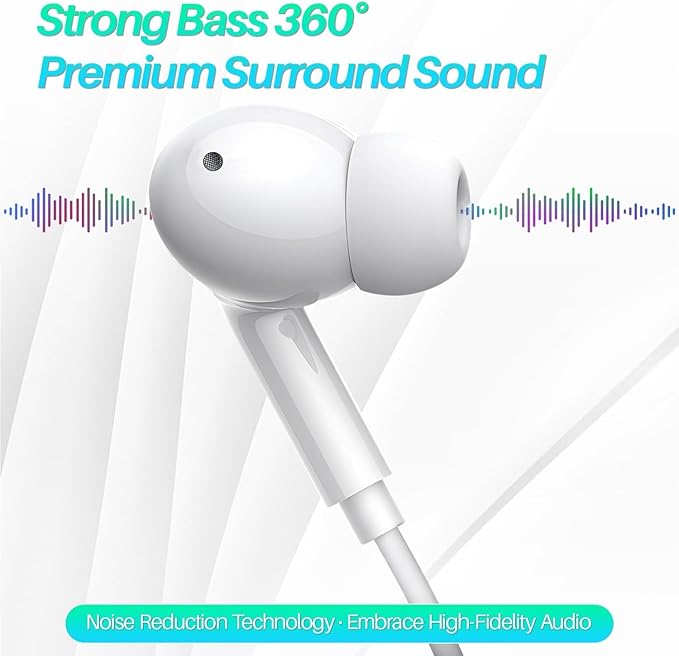 USB C Headphones for iPhone 15/16/17 Pro Max, Type C Headphones Built-in Microphone and Volume Control, Hi-Fi Stereo Noise-Cancelling Earbuds, Wired in Ear Earphones for Galaxy S25 S24 S23 S22
