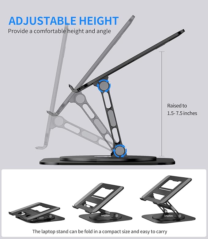AOEVI Adjustable Laptop Stand with 360 Rotating Base, Stable Computer Stand for Laptop Ergonimic Foldable Laptop Riser for Desk Compatible with MacBook Pro/Air Notebook up to 16 Inches, Black